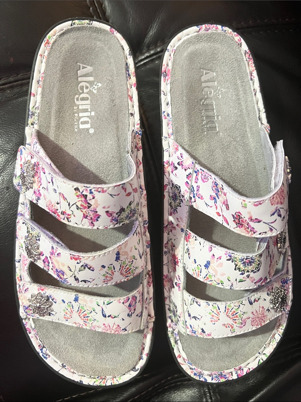 Alegria Floral Triple-Strap Slide Sandals - White with Pink & Purple Accents